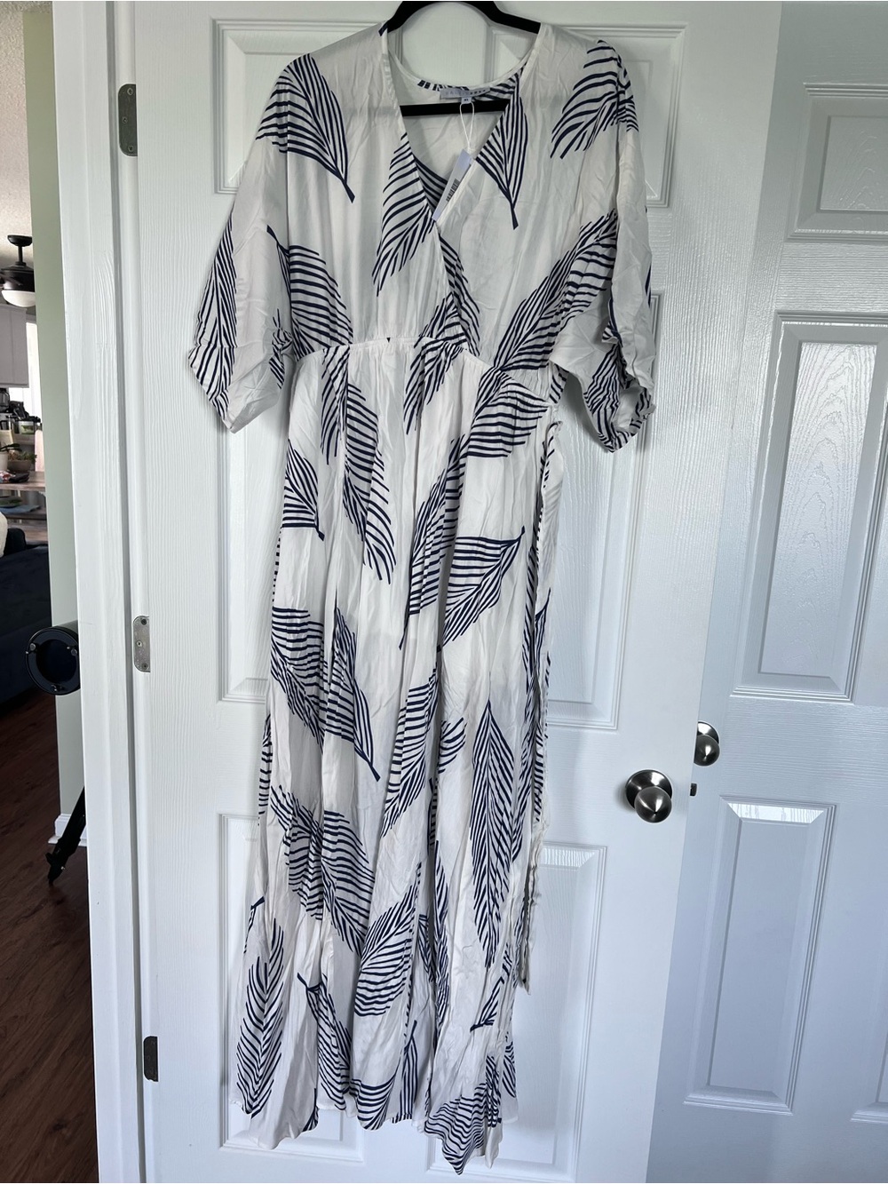 Baltic Born White and Navy Leaf Print V-Neck Maxi Dress